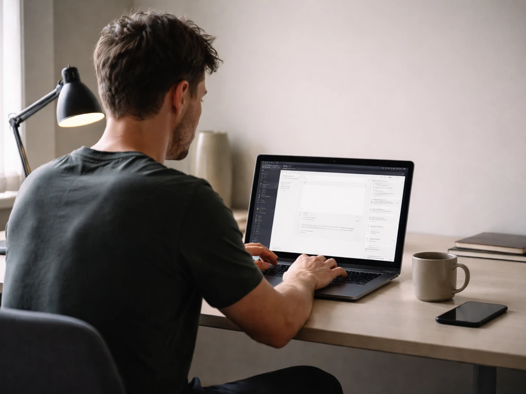 Anonymous founder-like figure at a simple desk, building a web page on a laptop in a modern studio.