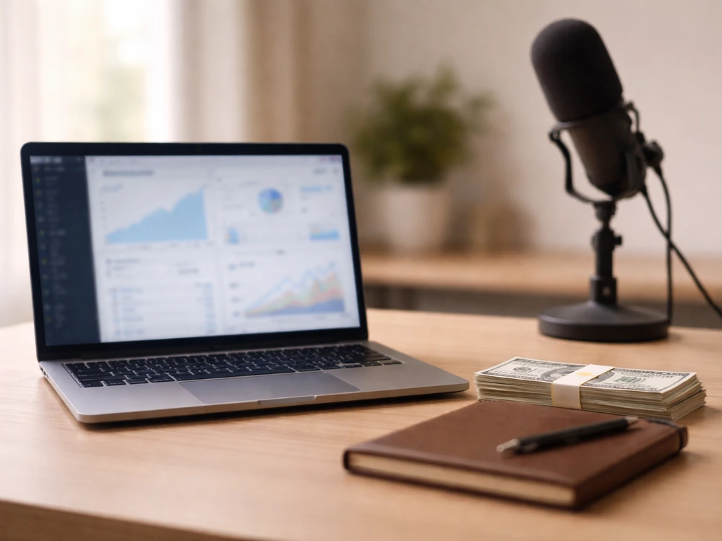 Minimal photo of a desk with a laptop showing a blurred finance dashboard, alongside cash and a microphone.