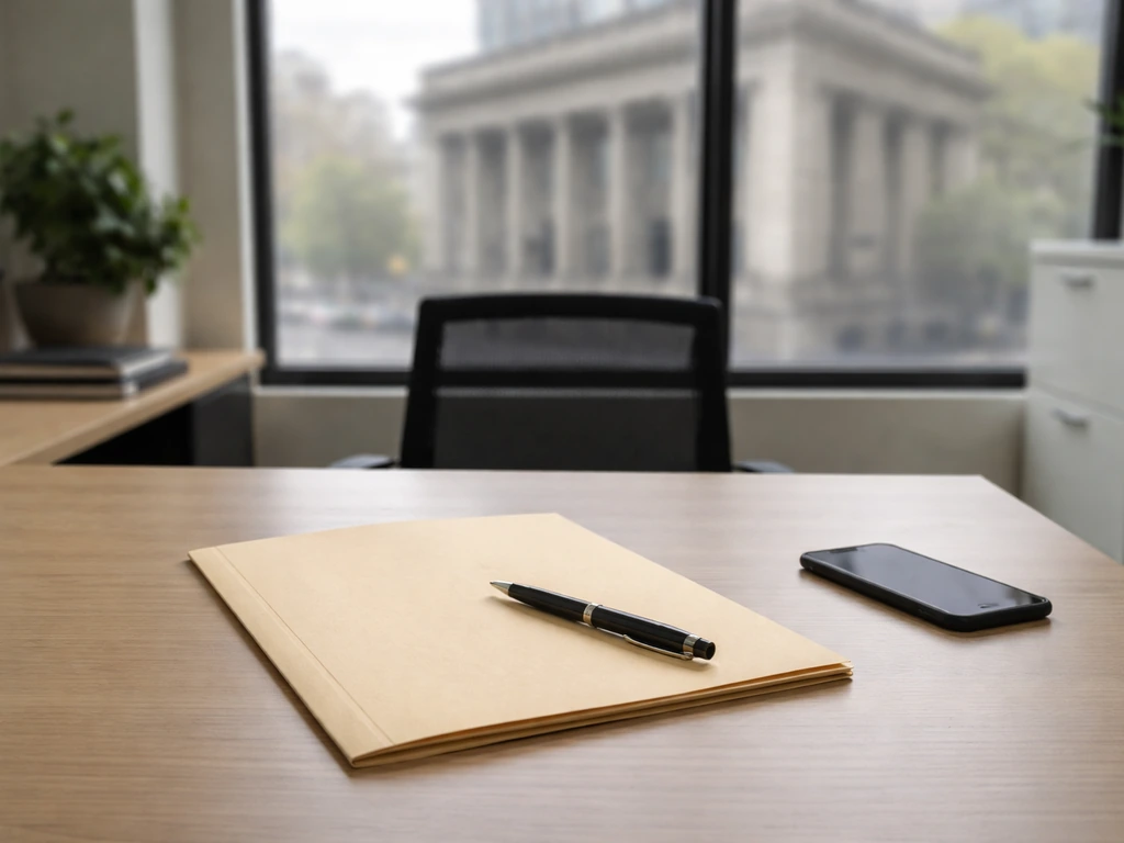 Minimal desk scene with an unreadable legal folder and blurred courthouse outside window, symbolizing no verified issues