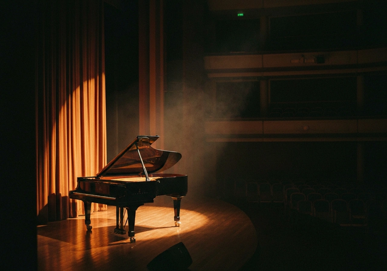 Vintage-style concert hall scene with a lone grand piano under warm stage lights and soft film grain.