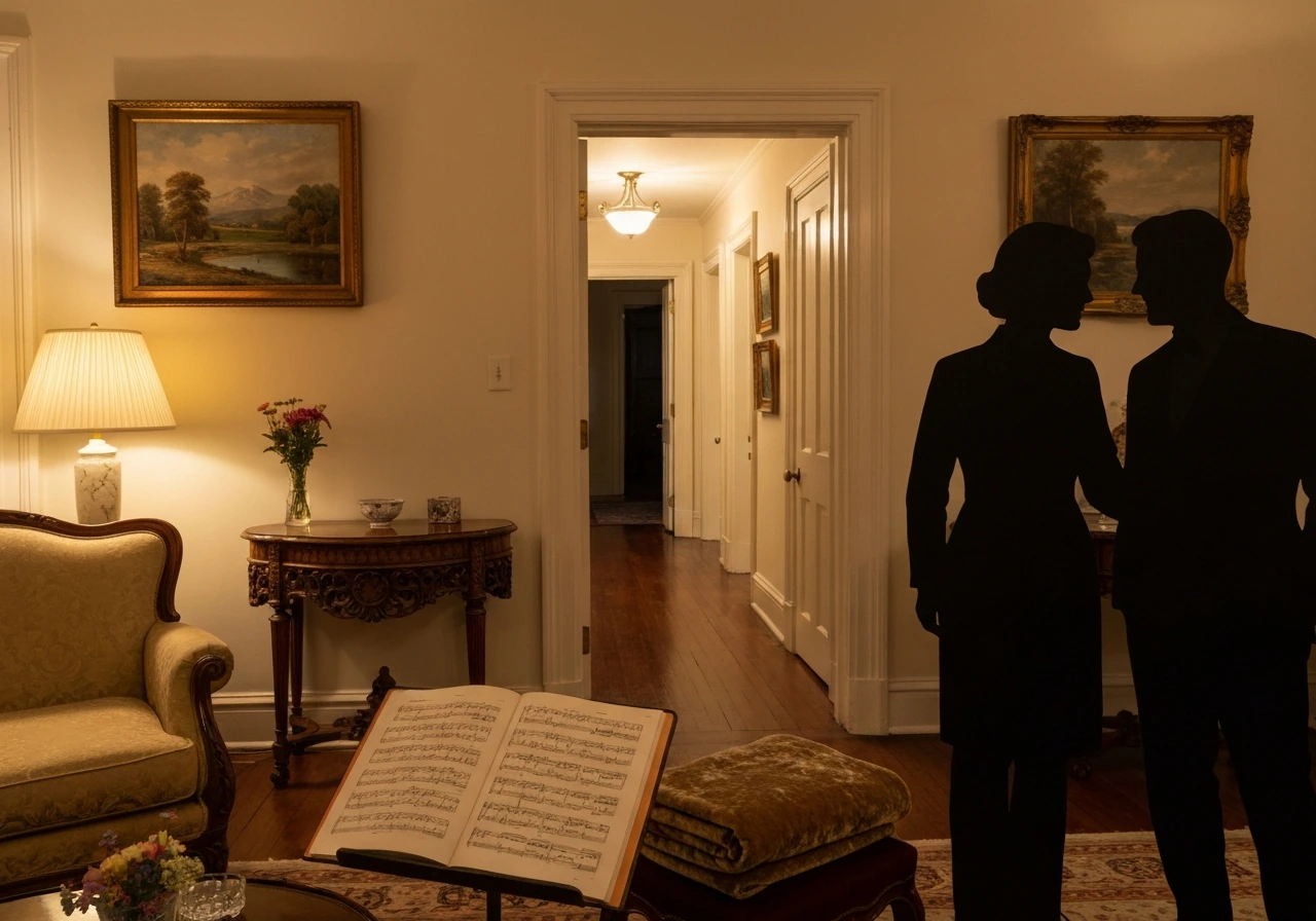 Period-style New York living room with warm light, music items, and elegant furnishings indicating their home life.