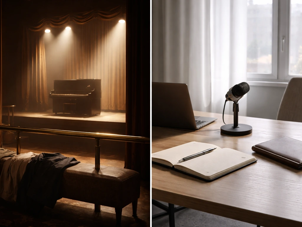 Two-era contrast: vintage concert lobby and a quiet modern money-related office setting side by side.