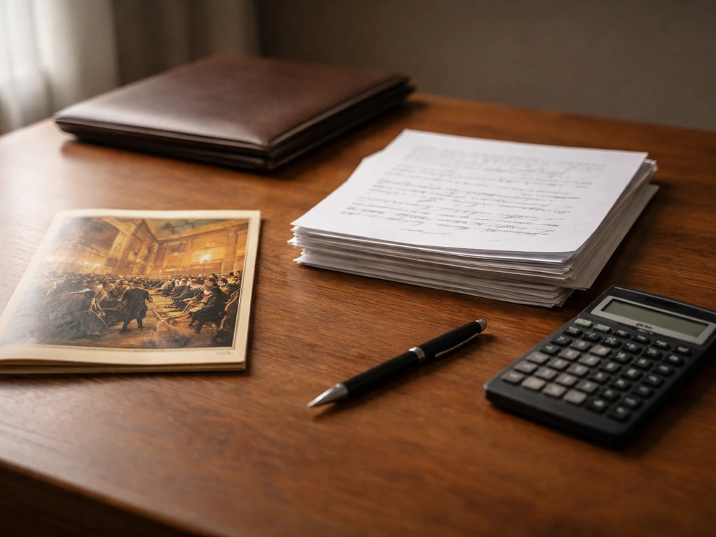 Desk with concert program, contract papers, and calculator illustrating estate value vs expenses.