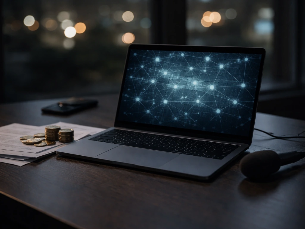 Minimal desk scene with an open laptop, coins, documents, and a microphone hinting at crypto investigations.