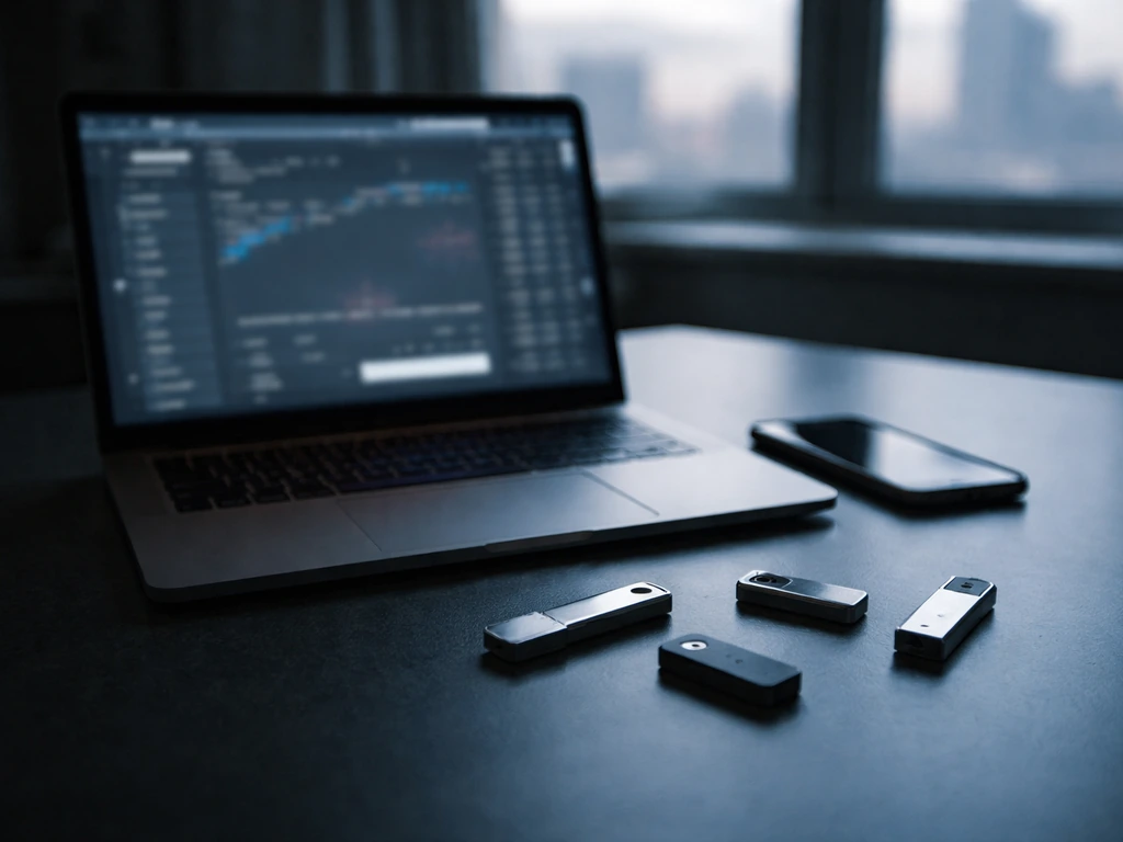 Minimal desk scene with a laptop, smartphone, and scattered cryptocurrency hardware symbols, suggesting crypto investiga