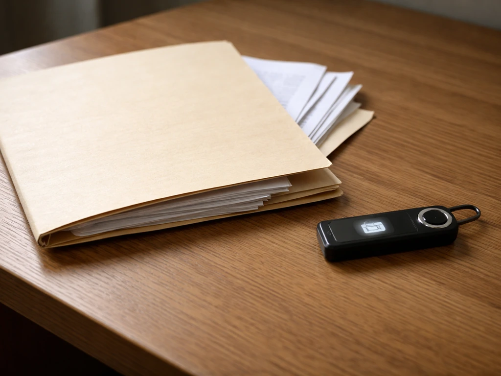 Minimal photo showing a legal file folder and a glowing cryptocurrency wallet icon on a plain desk