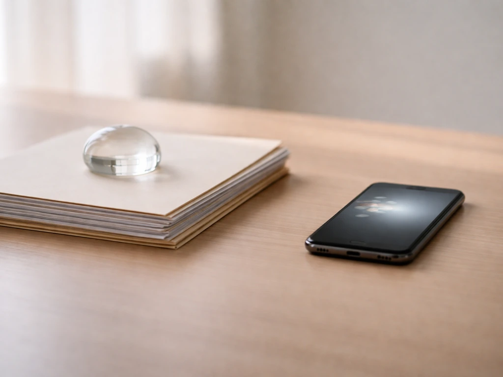 Minimal desk photo contrasting official documents with an unverified phone glow.