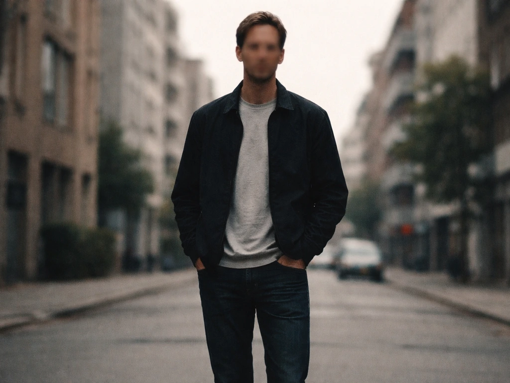 Tall man in a dark jacket standing on an overcast city street in an archival-style photo look.