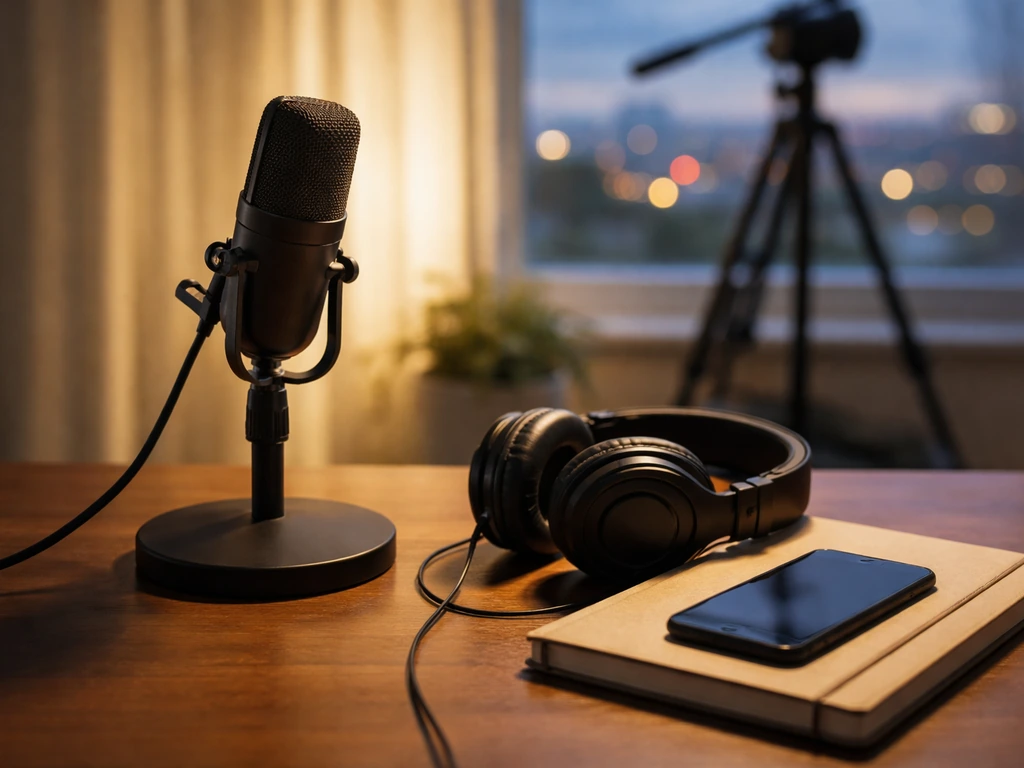 Minimal recording studio desk with microphone and headphones, hinting at TV/documentary media income.
