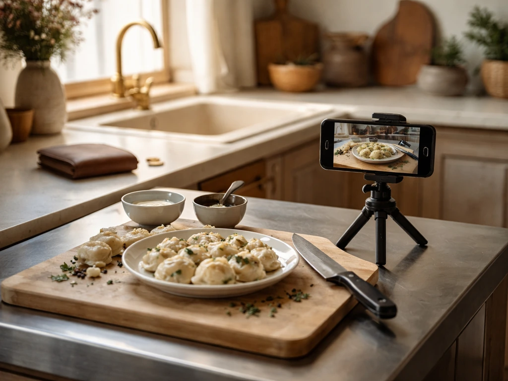 Minimal kitchen scene with plated dumplings and a tripod phone recording setup, symbolizing chef content creation.