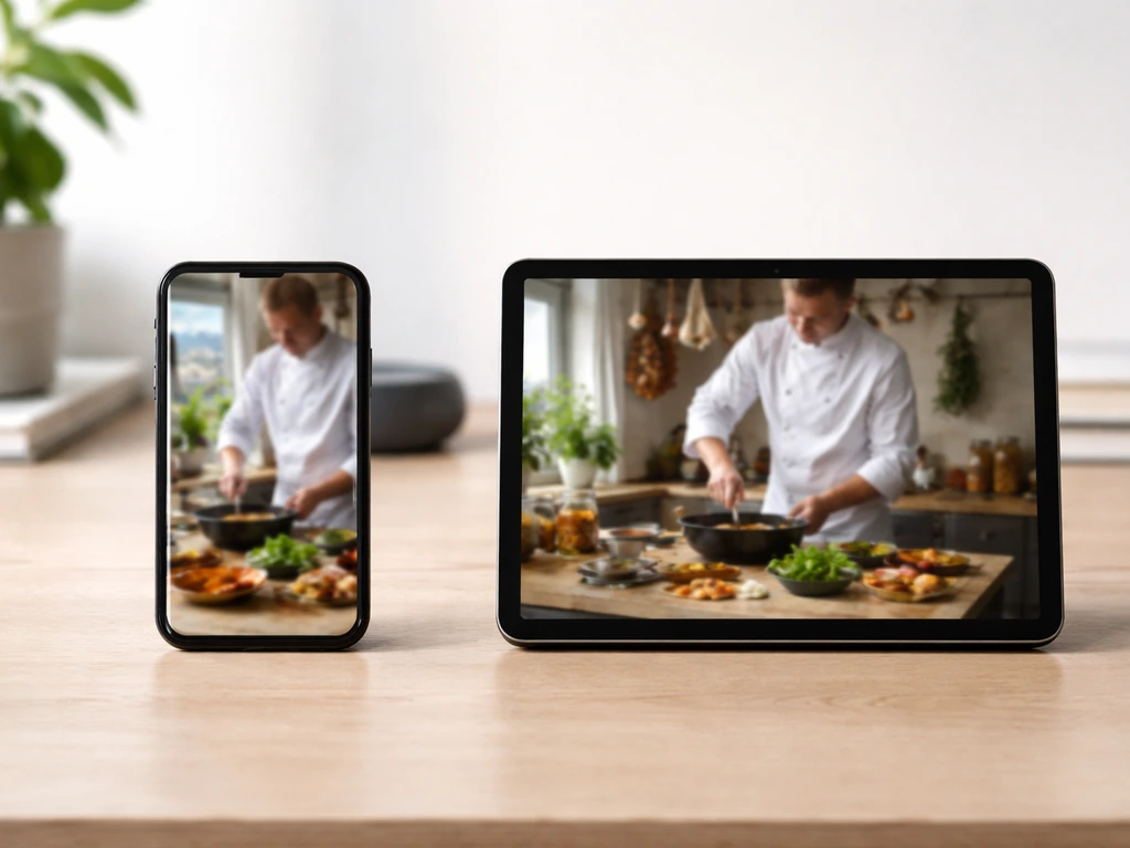 Two devices on a desk showing different out-of-focus chef video stills, one with Spain-like cues.