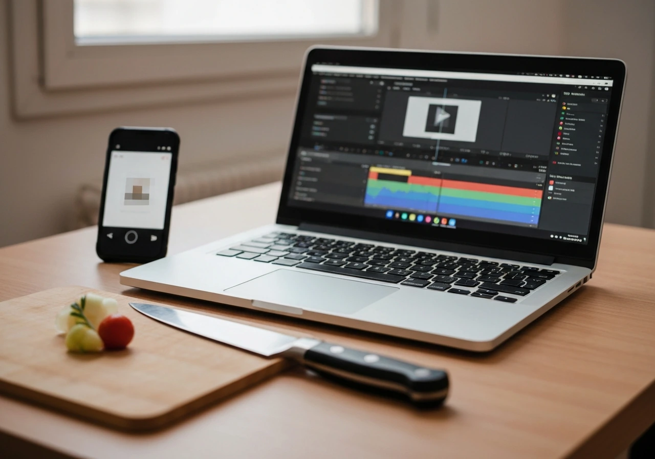 Close-up of a creator editing desk with blurred laptop analytics and chef tools, symbolizing ad-driven income streams.