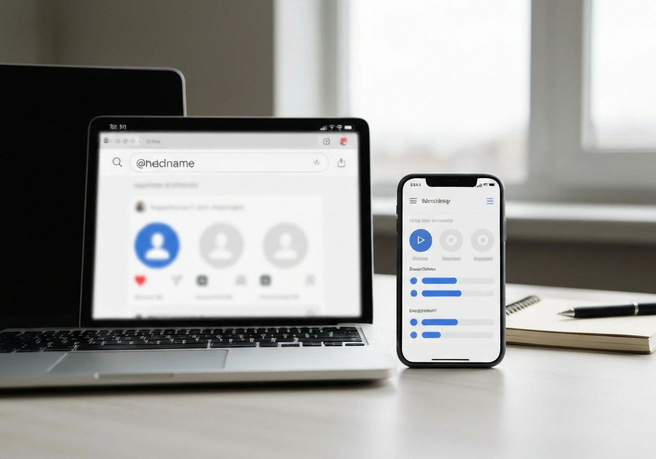 Minimal photo of a laptop showing generic social-media search and a phone with video analytics icons