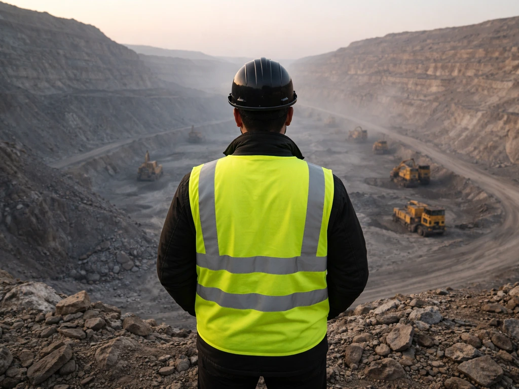 Anonymous mining executive in a hard hat overlooking an open-pit mine, signaling Kazakh mining wealth.