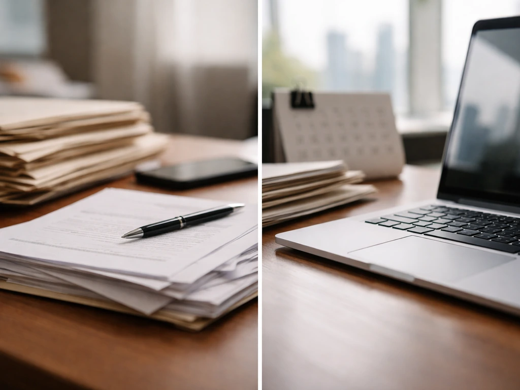 Side-by-side desk photos showing generic corporate documents and laptop work suggesting estimate sources.