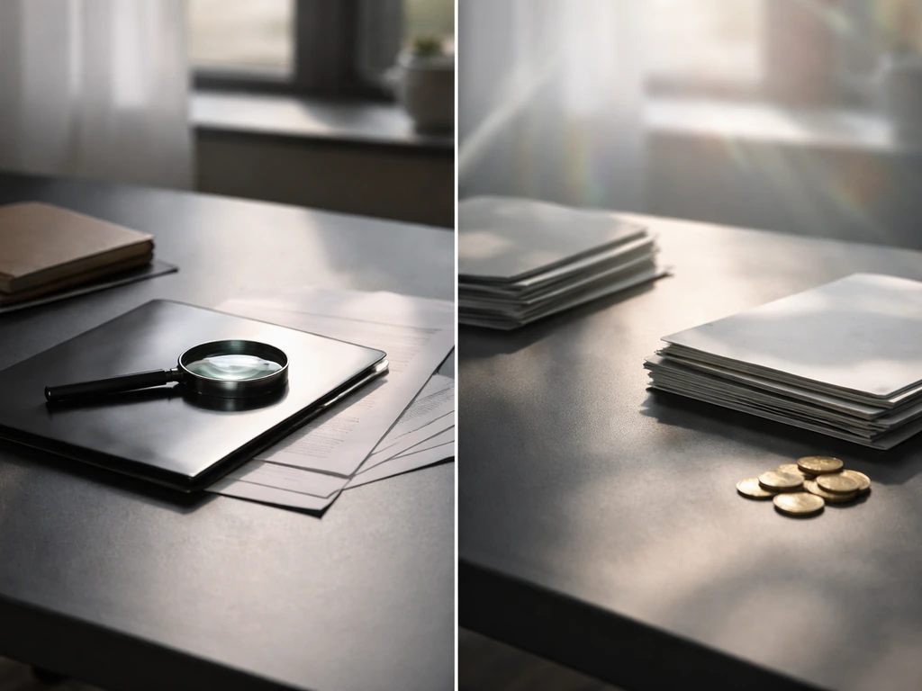 Minimal split composition of an office desk with magnifying glass and blank folders suggesting valuation differences.