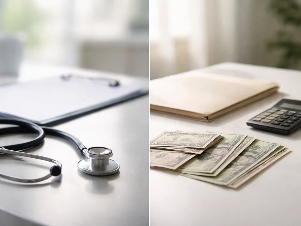 Healthcare office desk with stethoscope, blank clipboard, calculator, and scattered currency notes.