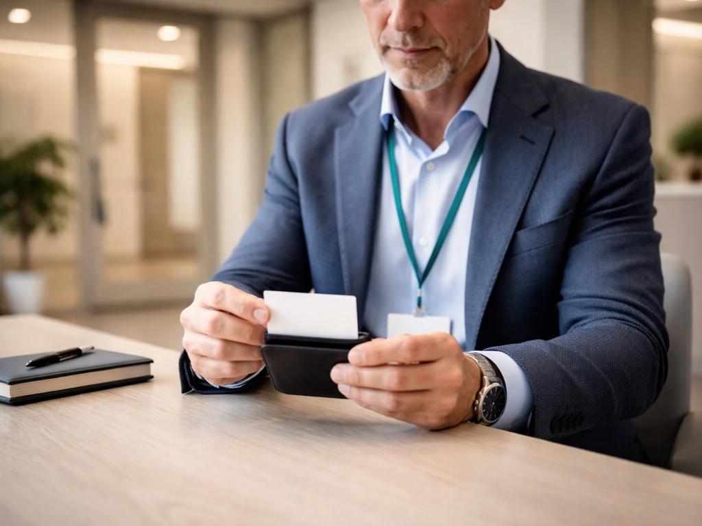 Anonymous healthcare entrepreneur in a modern Dallas office holding a blank business card case.