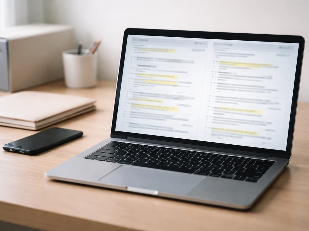 Minimal desk scene with a laptop showing blurred court and registry-style pages, symbolizing public record research.