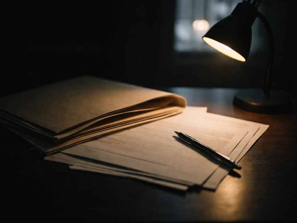 Moody desk scene with a closed folder, scattered documents, and a pen under dramatic light for net-worth research