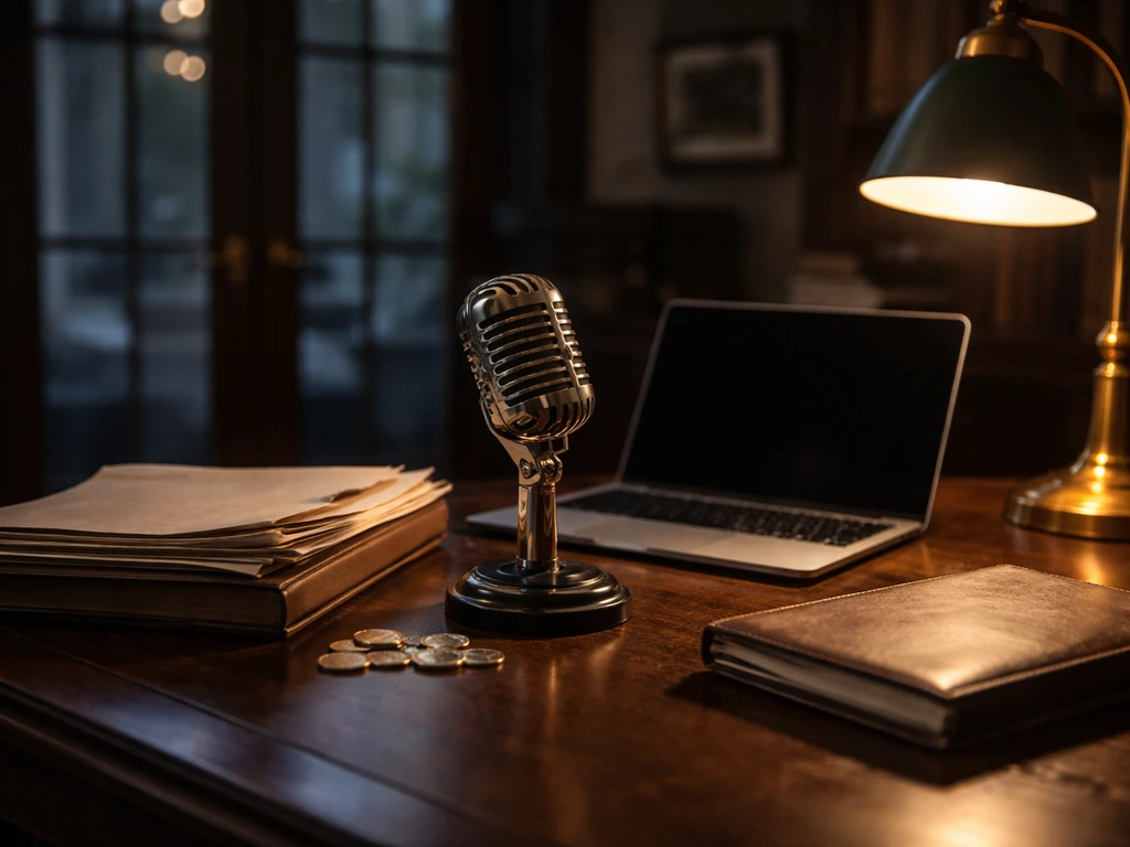 Minimal home office scene with a microphone and laptop, symbolizing media work and financial curiosity.