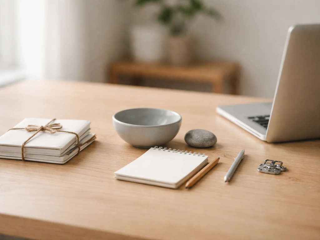 Minimal desk still-life showing three symbolic sources: research books, psychology calm objects, and tech laptop.