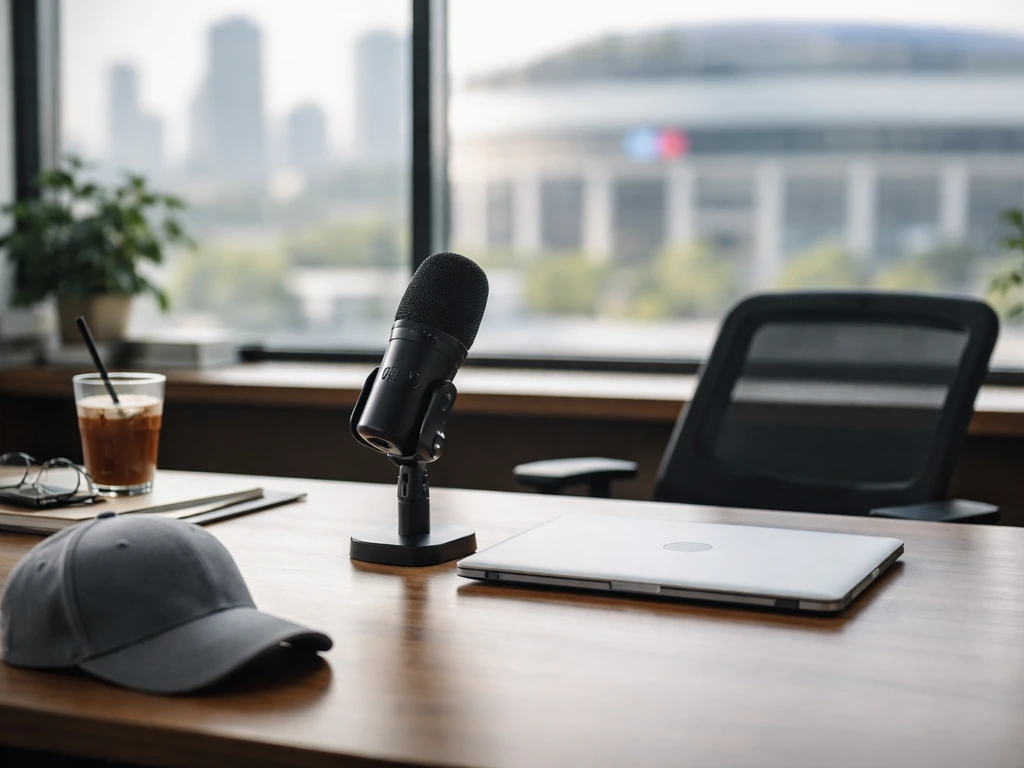 Minimal desk scene with a podcast microphone and a sleek laptop, suggesting sports media wealth analysis