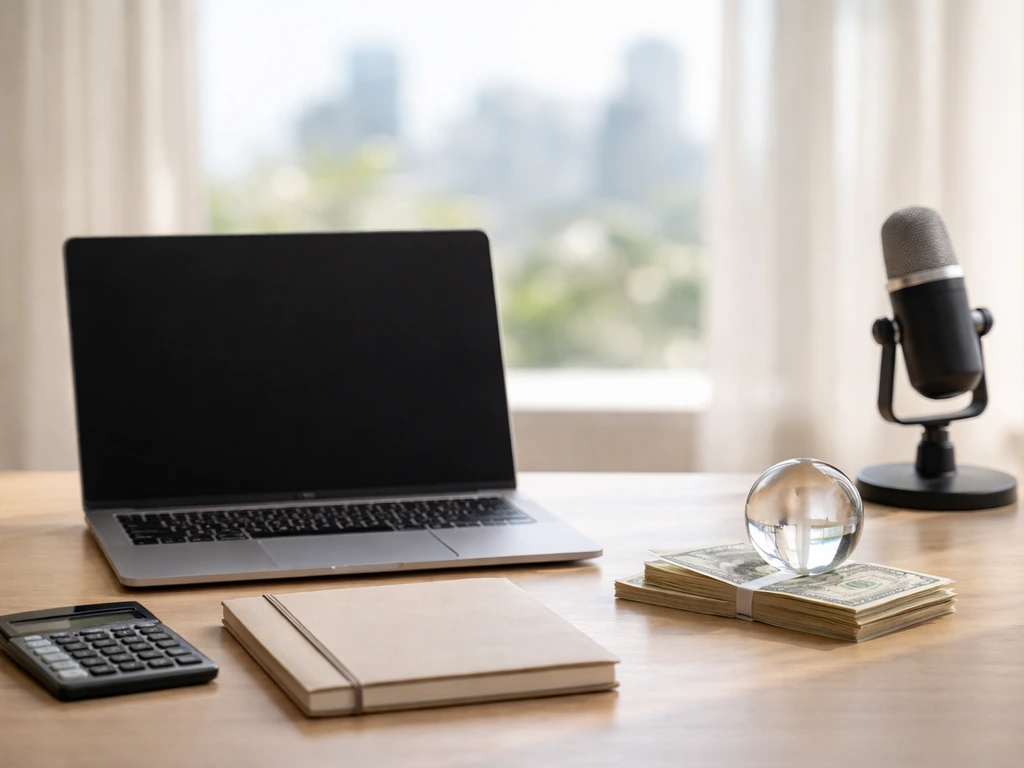 Minimal business desk scene with a calculator and money symbolically suggesting a net worth range
