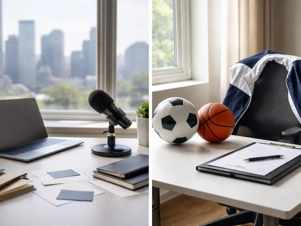 Minimal media-agency desk and sports-representation studio side-by-side, symbolizing two income streams.