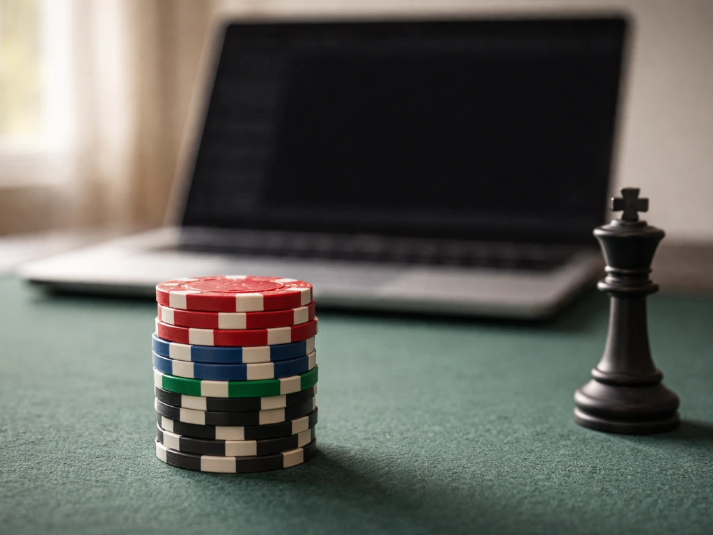 Minimal scene with poker chips and an online-chess vibe at a desk, symbolizing wealth research