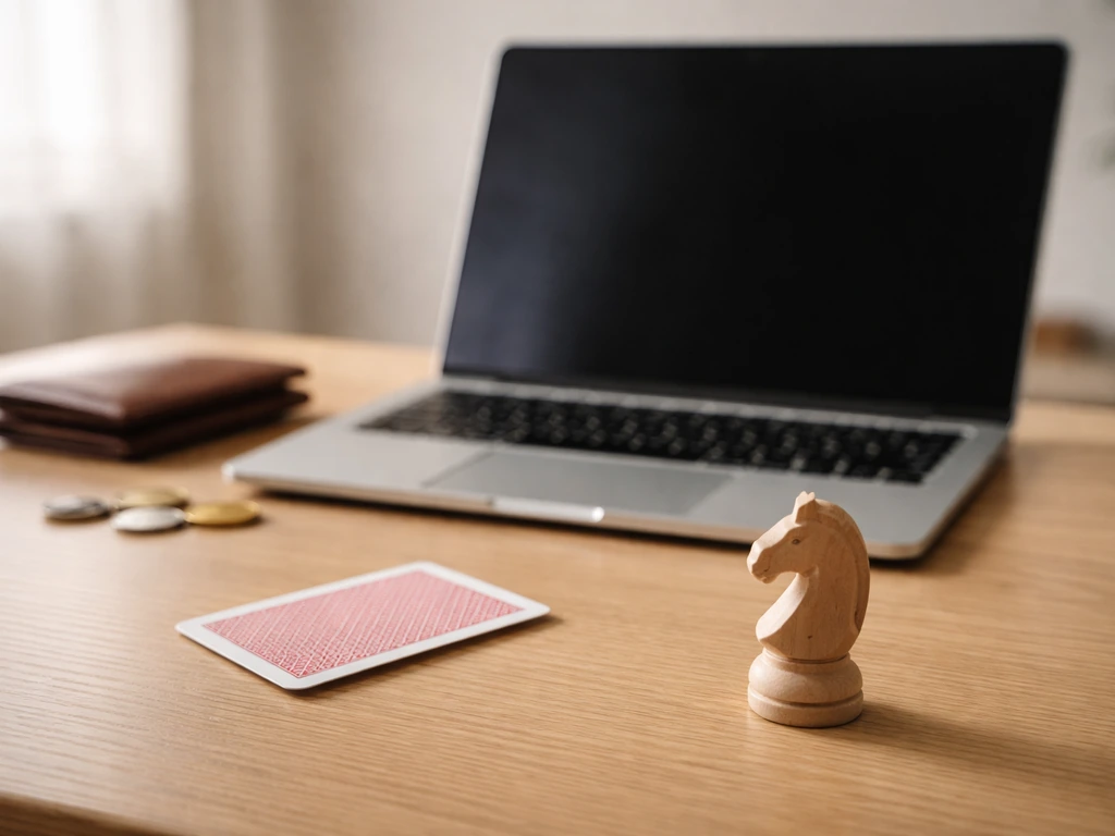 Minimal desk scene with a poker card and chess piece beside a laptop, suggesting poker and chess wealth interests