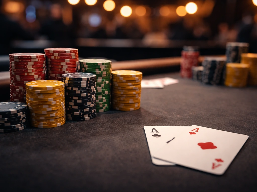 Close-up of poker chips and playing cards on a tournament table with a softly lit live-event background.