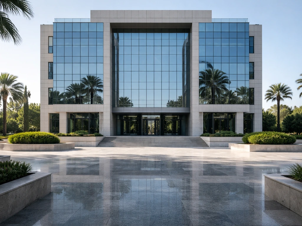 Modern office building in Cyprus with soft morning light, suggesting finance and holding company activity