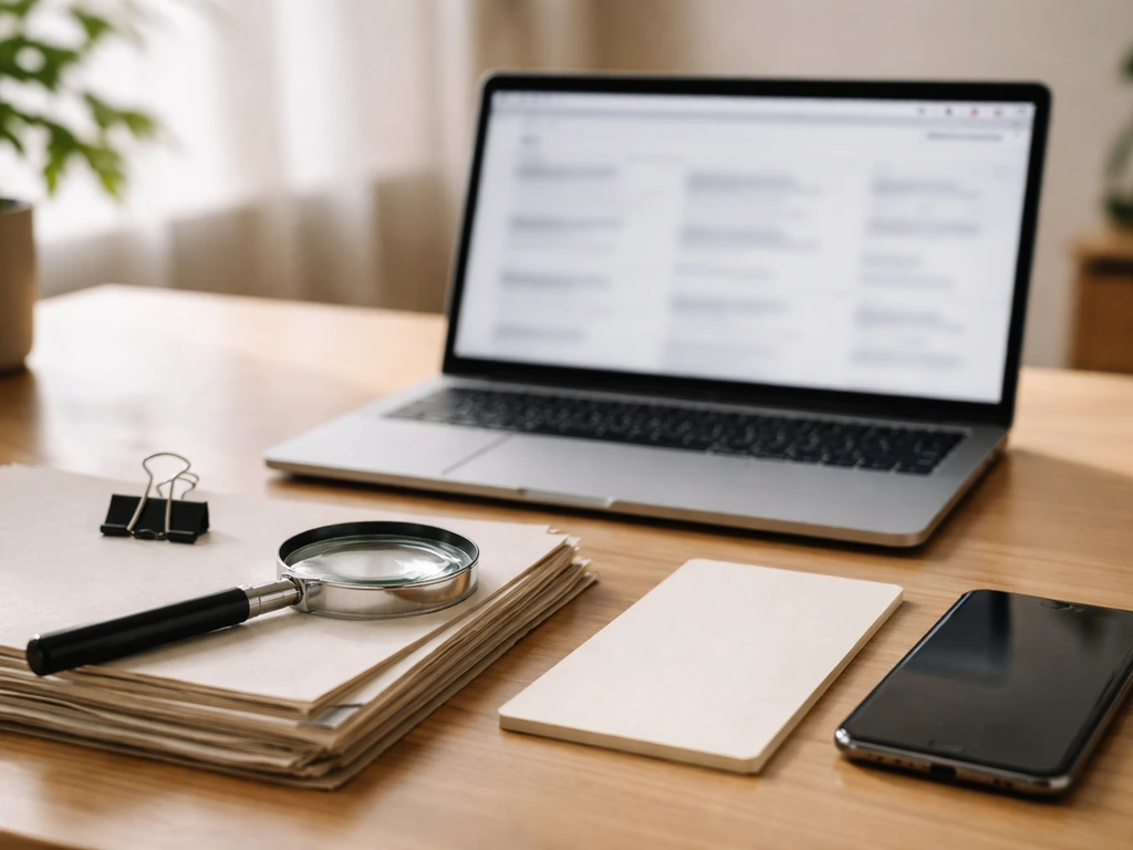 Desk with laptop showing blurred search results, magnifying glass, and documents suggesting identity matching.