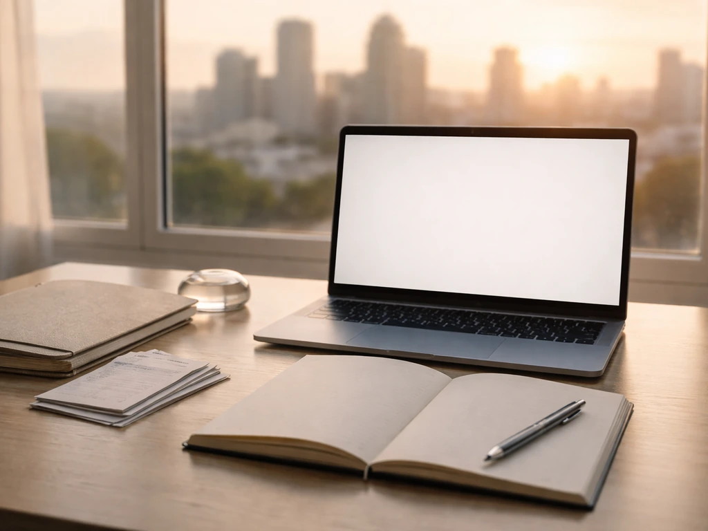 Minimal desk scene with laptop and notebook suggesting documented investments and asset records