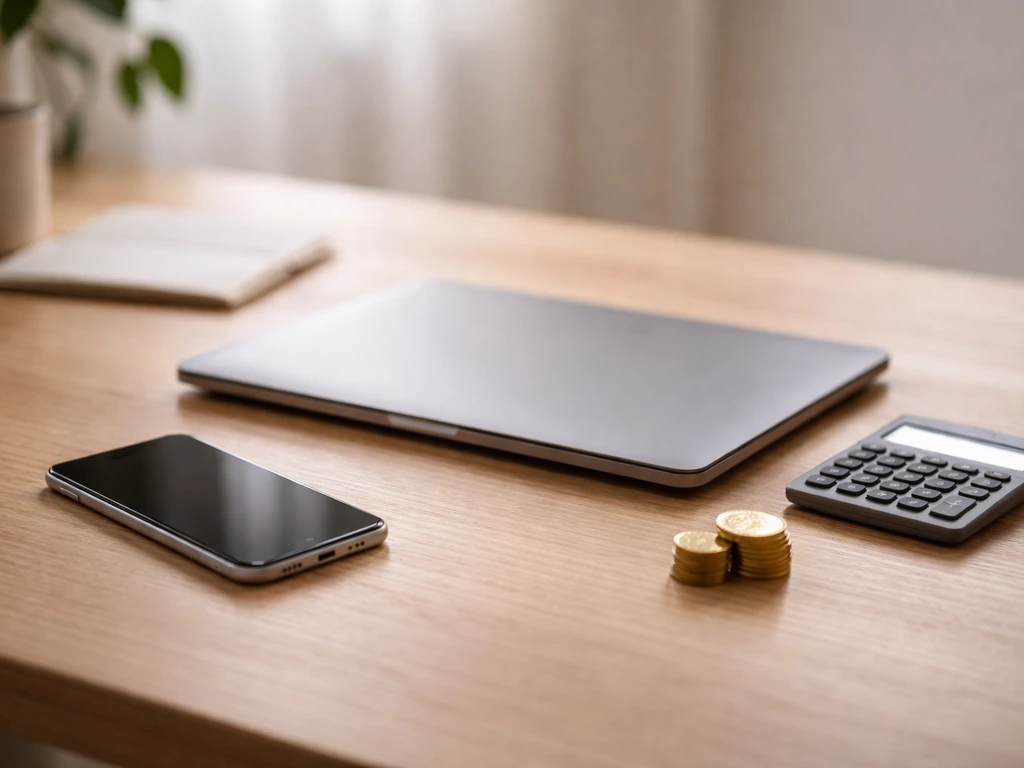 Minimal office desk with a smartphone, currency, and a calculator suggesting an anonymous net-worth estimate.