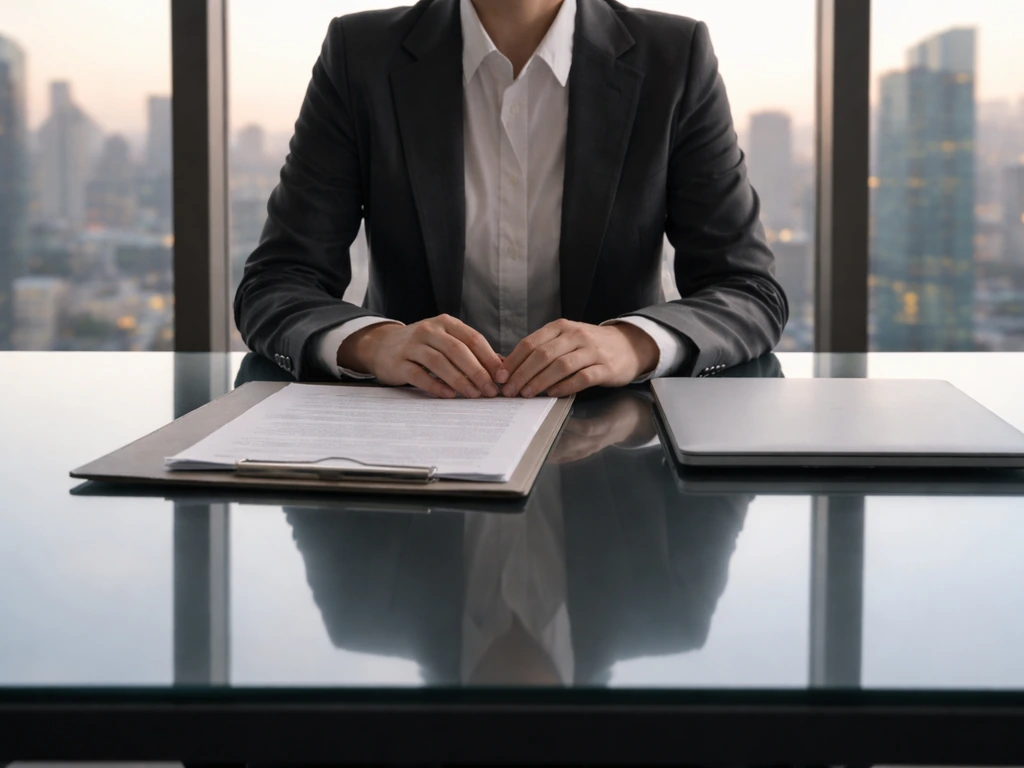 Anonymous businessperson in a modern office looking at finance documents near a window at dusk