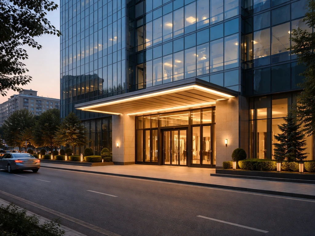 Modern bank building exterior at dusk with glass facade and a quiet street in front