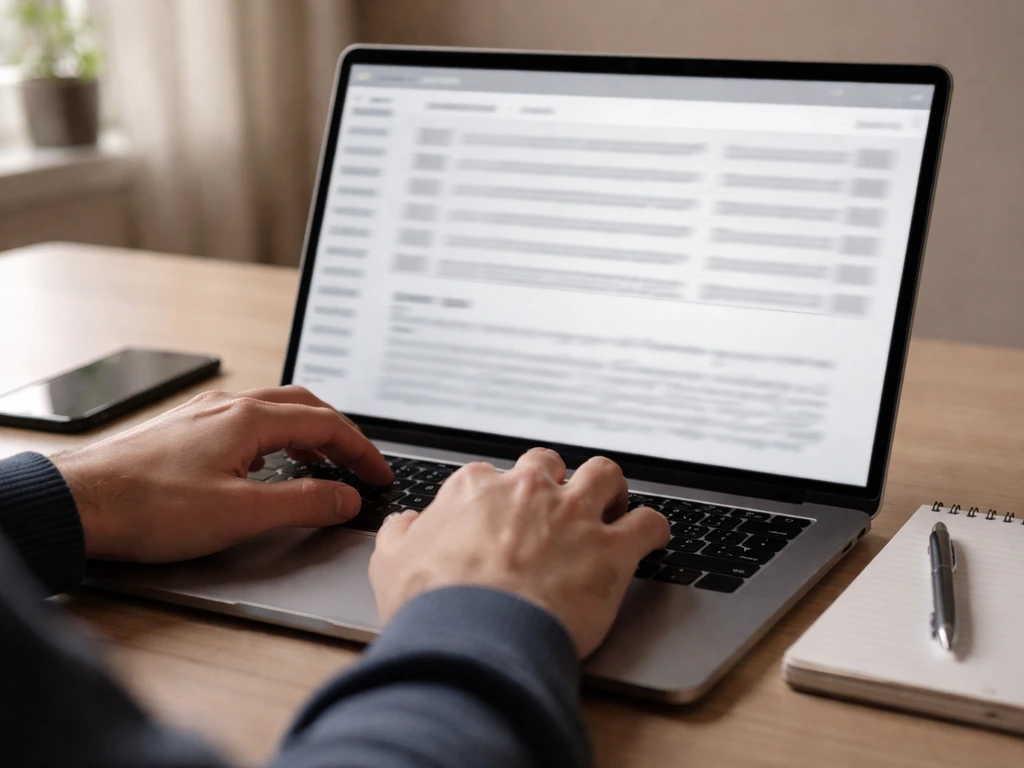 Hands at a laptop showing a blurred SEC EDGAR-style filings list, desk items in natural light.