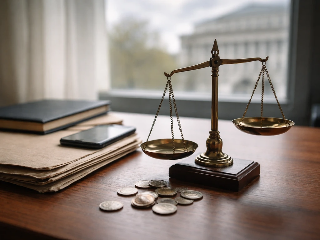 Anonymous desk with tilted metal scales and scattered coins symbolizing an imprecise net-worth estimate.