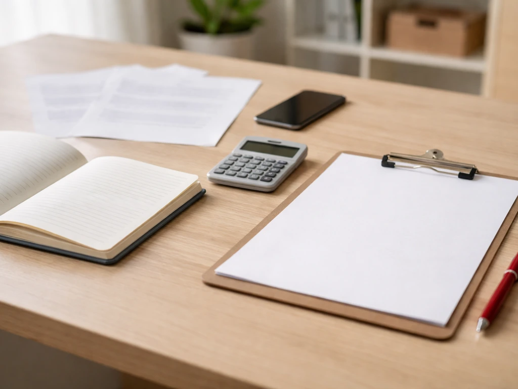 Minimal desk scene with notebook, calculator, and clipboard suggesting a checklist-based estimate method