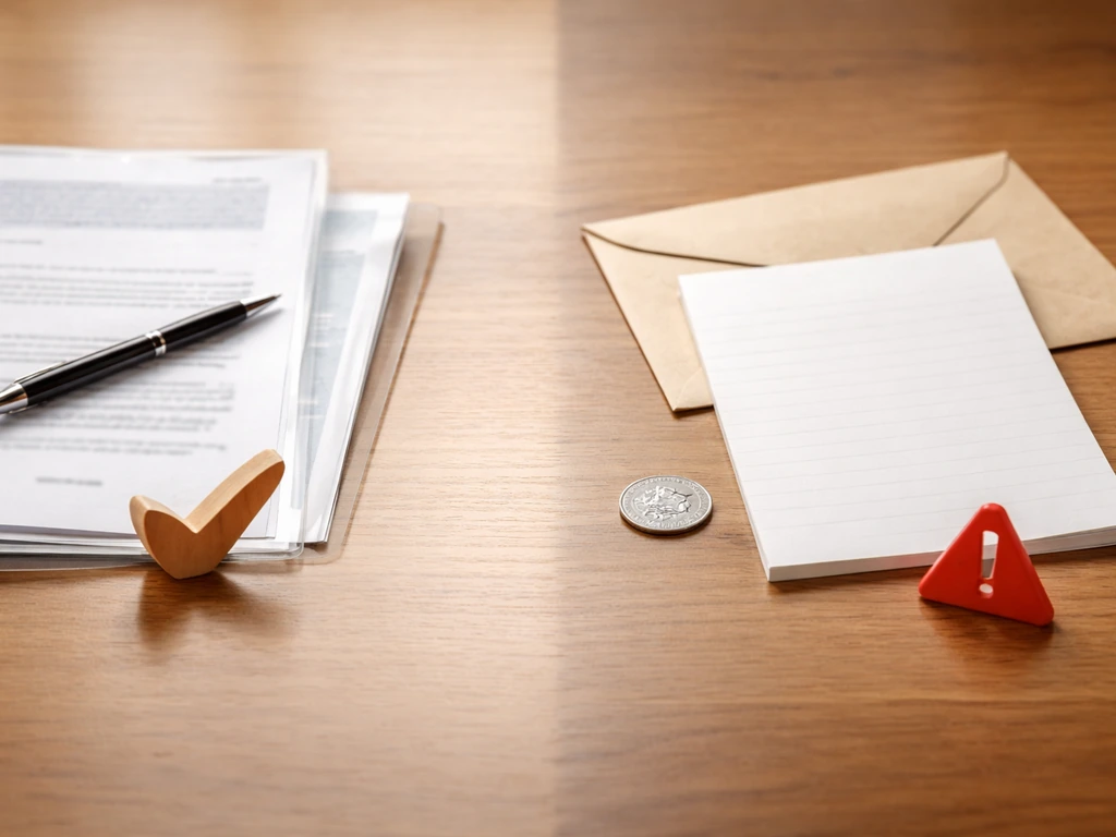 Minimal split view of a desk with papers and smartphone showing caution vs trust cues, no text.