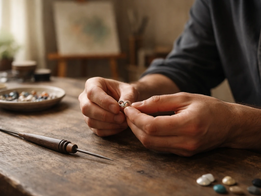 Anonymous artist’s hands crafting jewelry at a studio bench, with blurred canvas and gemstones in background.
