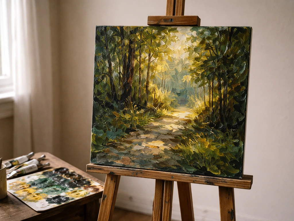 Original oil painting displayed on an easel in a quiet gallery studio with soft natural light.