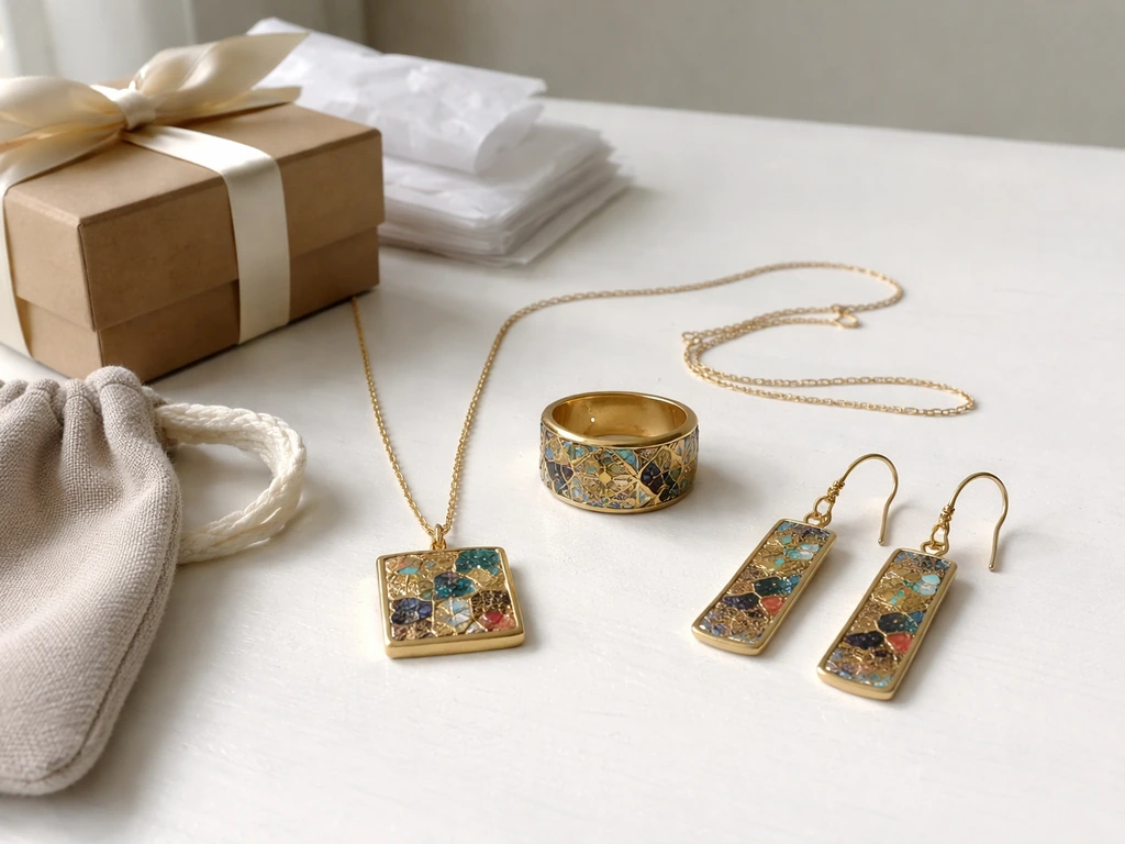 Close-up of artist-inspired jewelry and simple branded-looking product packaging on a studio table