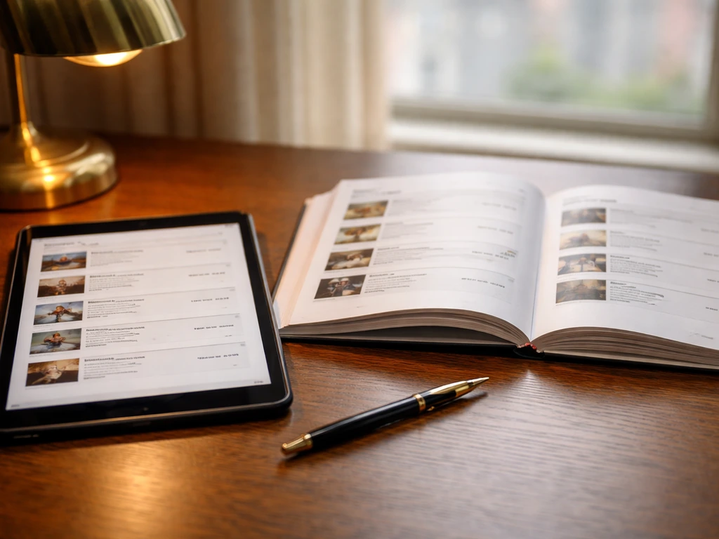 Tablet and open auction catalog on a wooden desk, implying you can verify public lot details yourself