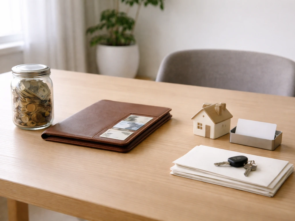 Minimal studio desk scene with scattered cash, a binder, and a simple balance-looming composition hint