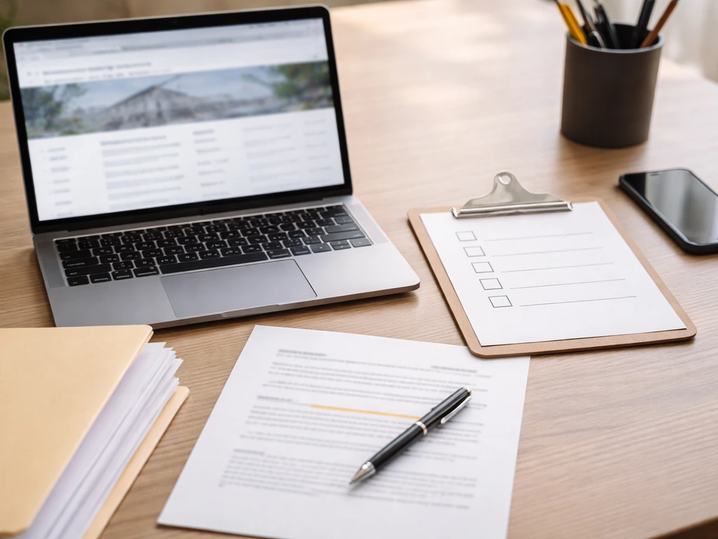 Laptop on desk showing county property records while papers and checklist are used to verify a record.