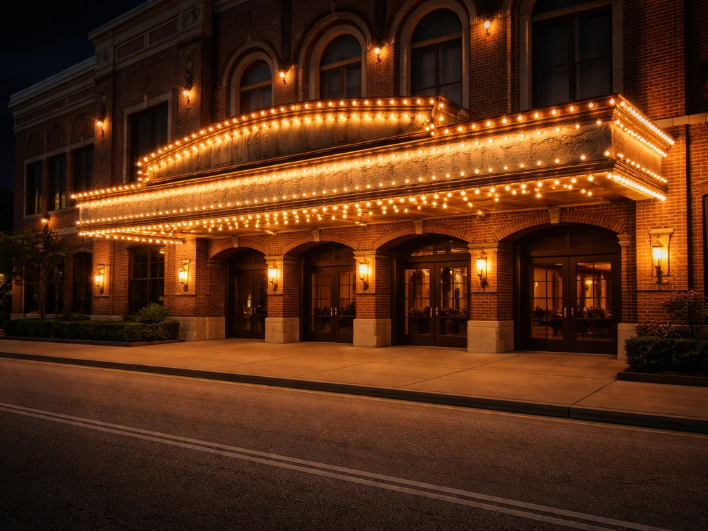 Warmly lit live theater exterior in Branson, showcasing the venue as a long-term income asset.
