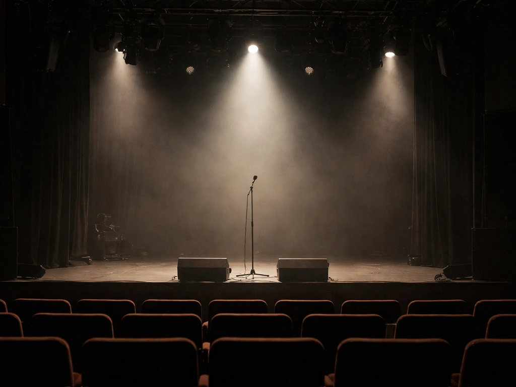 Empty theater auditorium stage with spotlight, microphone stand, and soft haze suggesting an upcoming performance